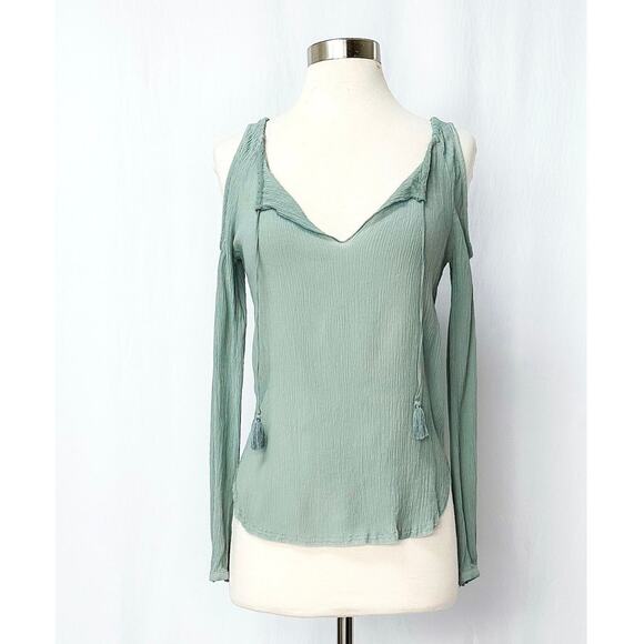 Go> by Gosilk Light Teal Cold Shoulder Washable Silk Peasant Top - Picture 2 of 7